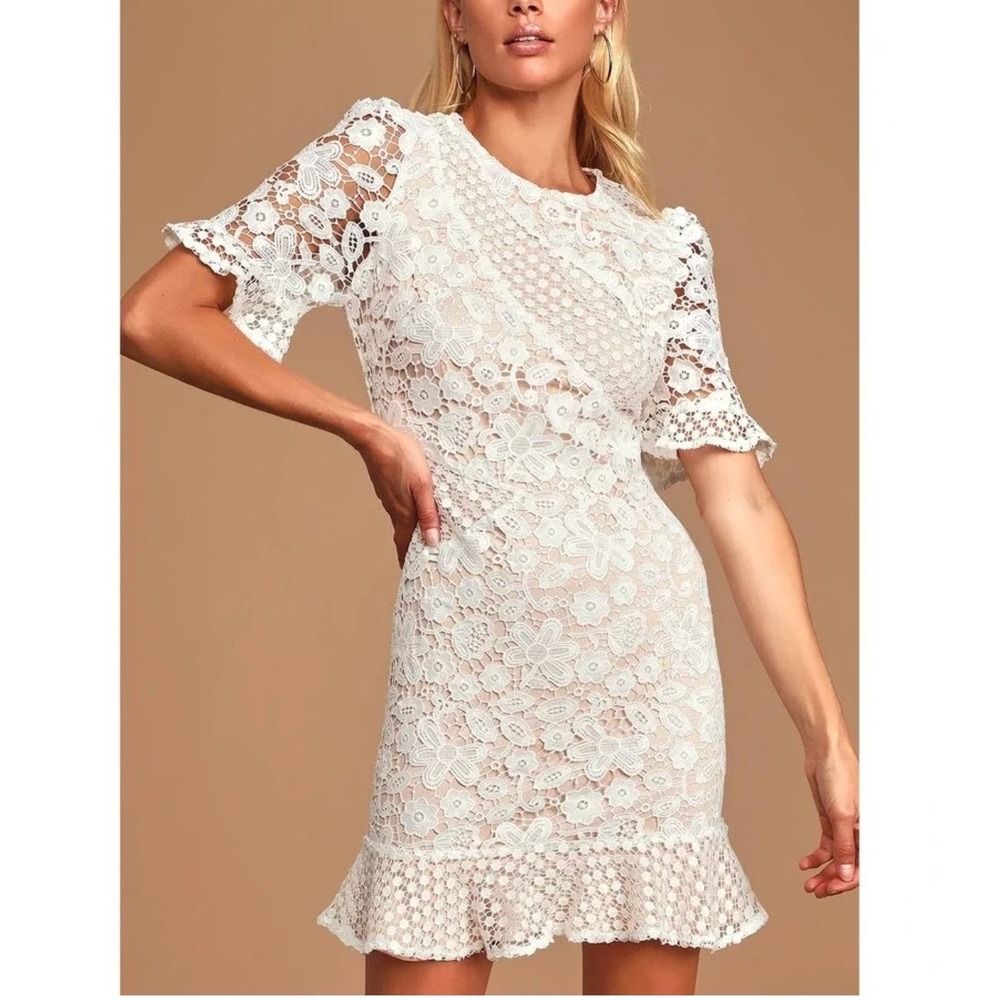 Lulus My Dearest White Lace Short Sleeve Mini Dress Medium White Bridal Cocktail